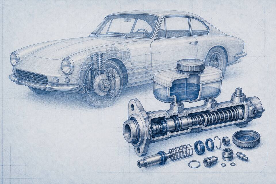 Technical illustration of a classic brake master cylinder